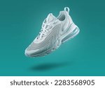 White sneaker  sport shoe on a green gradient background, sport concept, men's fashion, sport shoe, air, sneakers, lifestyle, concept, product photo, levitation concept, street 