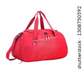 Small photo of Red Duffle Bag Isolated on White Background. Side View of Foldable Striped Travel Bag with Top Closure and Zippered Compartment. Luggage Handbag2