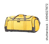 Small photo of Yellow Duffle Bag Isolated on White Background. Side View of Foldable Striped Travel Bag with Top Closure and Zippered Compartment. Luggage Handbag