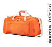 Small photo of Orange Duffle Bag Isolated on White Background. Side View Foldable Striped Travel Bag with Top Closure and Zippered Compartment. Luggage Handbag