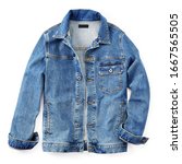 Small photo of Stylish Lightweight Blue Jean Jacket Button Closure Isolated on White. Modern Stonewashed Denim Coat with 2 Welt Pockets & 1 Chest Pocket Front View. Warm Cotton Outwear. Best Classic Outdoor Clothing