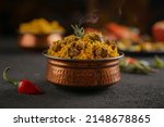 Small photo of indian meat biryani, Spicy mutton biryani food photography