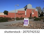 Small photo of 2200 Petaluma Blvd N, Petaluma, CA 94952 USA November 7, 2021 A sign that sees free covid testing in the foreground and Banana Republic Factory Store in the background.