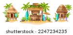 Beach shack house, Hawaiian bamboo hut bar surfboard, vector surfing bungalow, tropical plants. Summer cartoon island building, exotic vacation camping straw roof. Beach shack seashore sand clipart