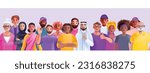 3D diverse people crowd, vector multicultural group, cartoon female male representation characters. Human society tolerance young old business team equal rights concept. Diverse standing people banner