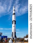 Small photo of Huntsville USA 10th Feb 2023: Mighty and massive, the replica of Saturn V rocket at U.S. Space Rocket Center. It is the tallest, heaviest and most powerful rocket ever flown