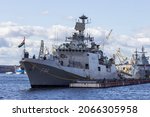 Small photo of St.Petersburg, Russia - July,24,2021: Indian Navy frigate Tabar at the Navy Day parade in St. Petersburg.