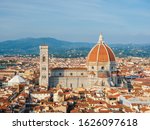 Aerial view of The Florence city with The Florence Cathedral and The Giotto's Campanile (Giotto's bell tower) in Tuscany, Italy