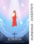 Happy Ascension Day Design with Jesus Christ in Heaven Vector Illustration.  Illustration of resurrection Jesus Christ. Sacrifice of Messiah for humanity redemption. 