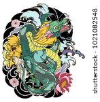 colorful dragon and plum flower ... | Shutterstock .eps vector #1021082548