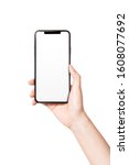 Small photo of Woman hand hold(grip, touch) a smart phone isolated white.