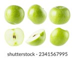 Bright green apples collection, whole and cut on half with tails, seeds, different sides isolated on white background. Summer fresh ripe fruits as design elements.