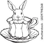 Cute Bunny Teacup Drawing Vector