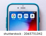 Small photo of Kumamoto, JAPAN - Oct 29 2021 : US multinational technology conglomerate holding company Meta Platforms, Inc. (formerly known as Facebook) and GAFA Big Tech icons on an iPhone