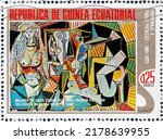 Small photo of Equatorial Guinea, circa 1975: postage stamp from the series Picasso: abstract paintings showing the painting "Algerian women".