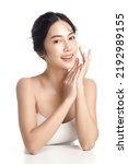 Small photo of Asian woman with a beautiful face and Perfect clean fresh skin. Cute female model with natural makeup and sparkling eyes on white isolated background. Facial treatment, Cosmetology, beauty Concept.