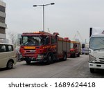 Small photo of Hong Kong - 1/19/2020: Two fire engines, Major Pump (MP) and Light Rescue Unit (LRU) and an ambulance of Ma Tau Chung Fire Station were in an operation. Hong Kong Fire Service Department