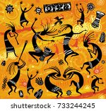 dancing figures in a primitive... | Shutterstock .eps vector #733244245