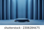 Small photo of 3d podium blue background and fabric curtain with spotlight luxury