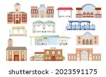 Set of Railway Stations Building Facades, Platforms with Seats and Trains. Modern Exterior Design, Digital Display, Clock Tower Isolated on White Background. Cartoon Vector Illustration, Icons