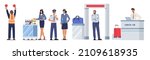 Airport Staff Air Traffic Controller with Light Signals, Pilot of Airplane, Airport Check-in Employee, Security and Stewardess or Air Hostess Women with Trolley. Cartoon People Vector Illustration