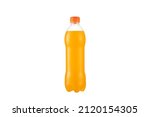 Orange soft drink isolated on white background. Plastic bottle with a Orange cap. Orange lemonade.
