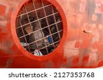 Close up view of a ship yard worker inside big ship thruster tunnel inspecting bow thruster