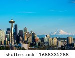 Small photo of Seattle Wa USA - March 25 2020, Seattle downtown skyline and Mt. Rainier, from Karry park sunset