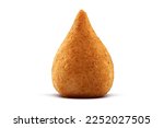 Small photo of Coxinha, traditional Brazilian snack, stuffed with chicken and fried. Isolated on white background for creating digital arts. Chicken drumstick.