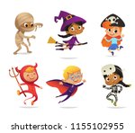 Set of Multiracial Boys and Girls, wearing Halloween costumes isolated on white background. Cartoon vector characters of Kid witch, pirate, Dracula, devil, skeleton, mummy, for party, web, mascot