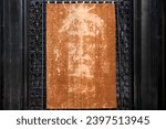 Small photo of Turin, Italy – Aug 3, 2023 – Picture of the Holy Shroud exhibited within the Turin Cathedral, a Catholic cathedral dedicated to Saint John the Baptist and featuring the Chapel of the Holy Shroud