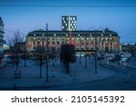 Small photo of Gothenburg, Sweden - november 20 2013: Clarion Hotel Post at Drottningtorget with a large christmas decoration.