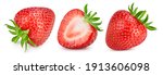 Small photo of Strawberry isolated. Strawberries with leaf isolate. Whole strawberry and half on white. Strawberries collection.