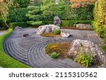 Small photo of Landscape stone garden (karesansui), containing several angular rocks and smaller stones resembling the cliffs of the island of Horai, with a streamock. Garden located in Taizo-in temple. Kyoto, Japan