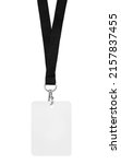 Small photo of Blank badge mockup isolated on white background. Plain empty name tag mock up with black string.