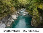 Makaroa Blue Pool located in Mount Aspiring National park in South Island, New Zealand.Crystal clear mountain river.