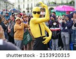 Small photo of Flash mob among Subwoolfer fans to dance together Give That Wolf A Banana. The EuroVision Song Contest 2022 in Turin, Italy. TURIN, ITALY - MAY 2022