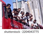 Small photo of View of Sri Lankan Cricket team members celebrate their victory during the Asia Cup Twenty20 tournament in Dubai, retuning to Colombo, Sri Lanka. 13th September 2022