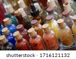 View of many colorful bottles of paint at Frida Kahlos house in Mexico City.