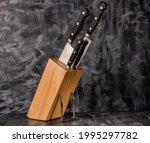 Small photo of Wooden knife stand. Brazilian branded steel knives Tramontina Century Santoku. Hardened steel: chef knife, versatile and for slicing fruits and vegetables. For restaurants, cafes and home cooking