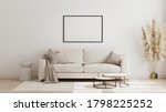 Blank horizontal poster frame mock up in  scandinavian style living room interior, modern living room interior background, beige sofa and pampas grass, 3d rendering