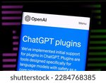 Small photo of ChatGPT Plugins page seen on on OpenAI website on the screen of smartphone. Concept for popular AI tool. Stafford, UK, April 4, 2023