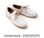 Small photo of Casual white summer leather lace-up shoes. New men's soft loafers on a white background.