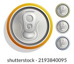 Set of aluminum cans with soda top view. Metal beer can with key to open from high angle. Realistic horizontal vector