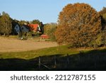 Beautiful scenery of kashubian landscape with fields and trees on hills in autumn scenery. Little house with red roof among fields. Around Sierakowice, Kashubia, Poland
