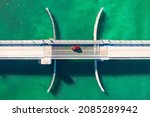 Bridge. Drawbridge bridge for car. Florida Gulf of Mexico. Road over ocean bay. Highway for transportation cargo and peoples. US Hwy for traveling. Top view. Drone Aerial professional photography.