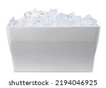 Small photo of Cooler with ice. Styrofoam Cooler box. White foam plastic cooler box for ice. Take cold beer, drink, food on the beach. Fridge container for picnic. Isolated on white background with Clipping path.