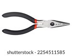 Needle nose pliers. Wire cutter or flush nippers. Universal long nose pliers for electric wire. Professional tools for metal construction. Mechanic instrument for workshop, repairing works. 