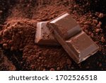 Small photo of close-up shot of a few ounces of chocolate on cocoa powder. Dark background.