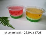 Groups of Fruit pudding in three layers. Watermelon and pudding in plastic cup.